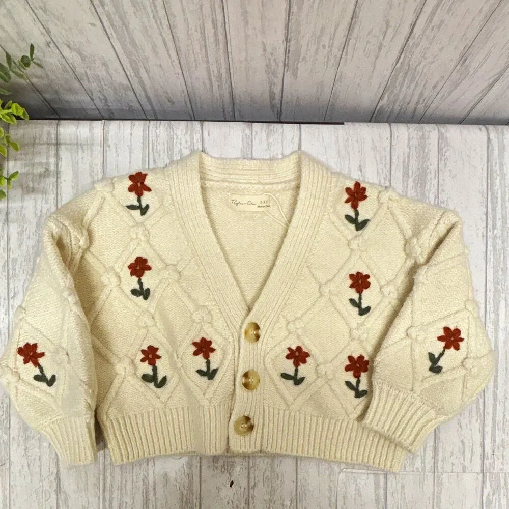 Rylee + Cru Girls Ivory Knit Cardigan Embroidered Floral Button V-Neck 2-3Y